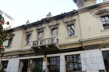 Burnt building in Athens, Greece.