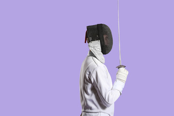 Young male fencer on color background