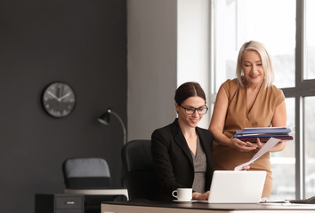Female accountant and her colleague working in office
