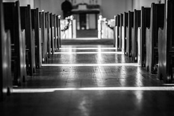 Aisle of Old Country Church in Black and White
