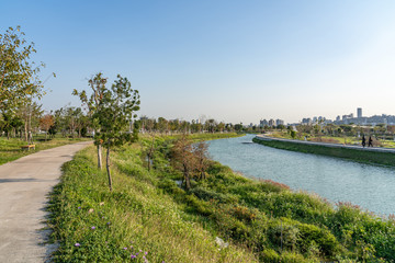 Taichung Central Park at the Shuinan Economic and Trade Area in blue sky sunny day. Former Shuinan Airport, lot of green space in here, the second largest park in Taiwan. Xitun District, Taichung City