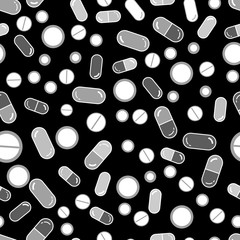 Black and white various drugs, pills and capsules medicines chaotically scattered on black seamless pattern, vector