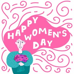 Happy Women`s Day card. Cute doodle drawing with young woman and flowers 