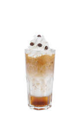 A multicolored, three-layered opaque cocktail in a tall glass with chopped ice, whipped cream and coffee beans, with a taste of coffee, caramel, cream and straw. Side view. Isolated white background