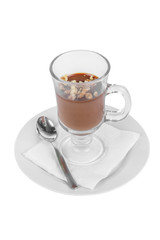 Cocoa, hot chocolate with walnuts in a high glass glass, on a plate with a teaspoon and napkins, side view, from above, isolated white background