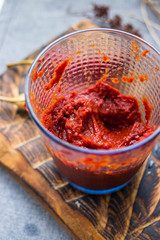 Tomato chilly red sauce paste. Homemade, Thai and bbq. Vegan healthy diet food.