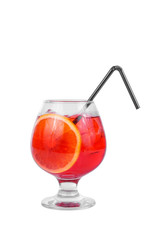 A single-colored transparent cocktail, cold tea, refreshing in a glass jar with ice cubes, orange slice, lemon and taste of berries, greiprut, straw, Side view, Isolated white background