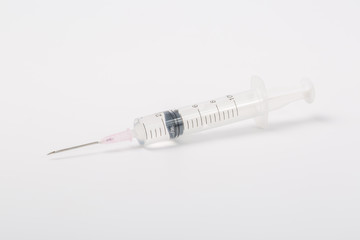 Macro closeup of syringe on white background