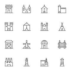 Buildings architecture vector icons set, modern solid symbol collection, filled style pictogram pack. Signs logo illustration. Set includes icons as church, castle, factory, bridge, mosque, lighthouse