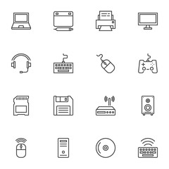 Computer gadgets line icons set. linear style symbols collection, outline signs pack. vector graphics. Set includes icons as laptop computer, designer tablet pad, keyboard, headset, mouse, wifi