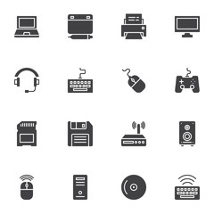 Computer gadgets vector icons set, modern solid symbol collection, filled style pictogram pack. Signs, logo illustration. Set includes icons as laptop computer, designer tablet pad, keyboard, headset