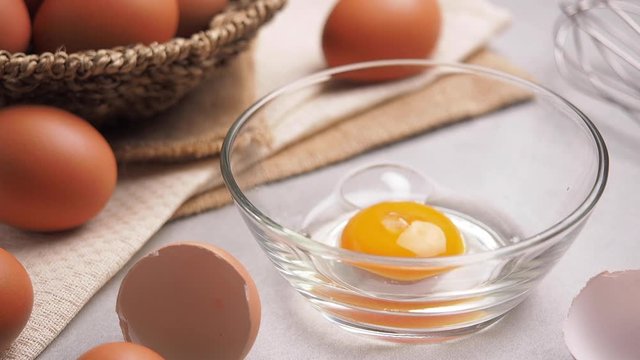 CU LD Pour three eggs into a transparent bowl in kitchen to prepare food, desserts, bakery items, etc.