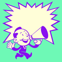 Retro Style of cute business man walking and make announcement with a red speaker. Come with a big star speech bubble for text area.