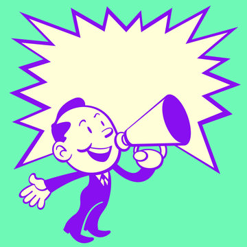 Retro Style of cute business man make announcement with a red speaker. Come with a big star speech bubble for text area.