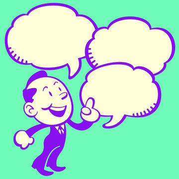 Retro Style of cute business man pointing and talking with comic speech bubble for text area.