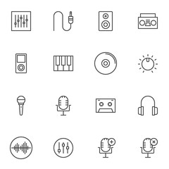 Music and sound line icons set. linear style symbols collection, Voice recording outline signs pack. vector graphics. Set includes icons as sound mixer, volume equalizer, studio microphone, headphones