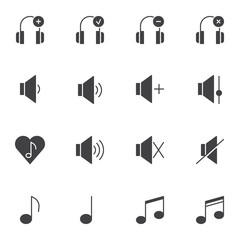 Sound, audio vector icons set, modern solid symbol collection, filled style pictogram pack. Signs logo illustration. Set includes icons as headphones, musical note, silent, favorite song, volume level