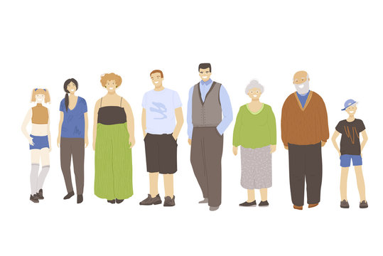 Group of people with different age - kids, teens, young man and woman, adults and old couple, standing in neutral pose. Different generation people vector illustration, isolated on white