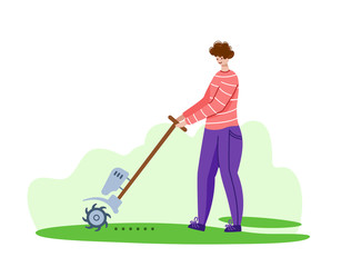 Lawn care and aeration service, man with garden tool aerates grass on backyard, gardening landscaping concept, flat vector on white background, vector for web, app
