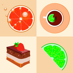 Set of vector tea, cake and slices of lemon flat logo icons. Abstract concept for bar or cafe menu, organic product