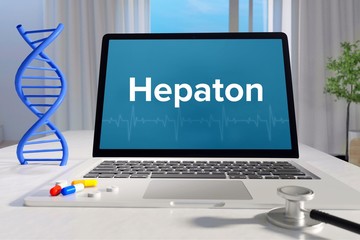 Hepaton – Medizin, Gesundheit. Computer im Büro mit Begriff auf dem Bildschirm. Arzt, Gesundheitswesen