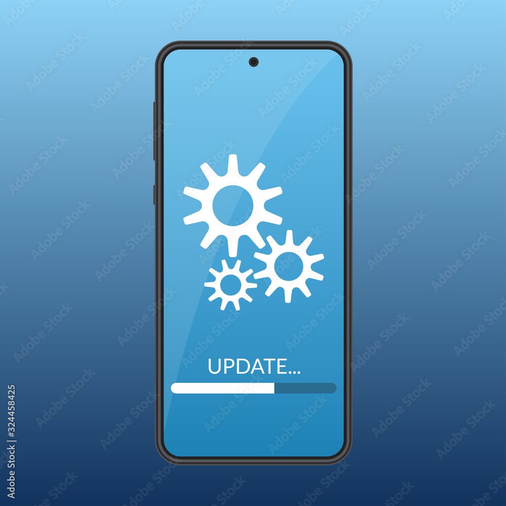 Poster smartphone update process. mobile phone with progress bar on the screen. update software system conc