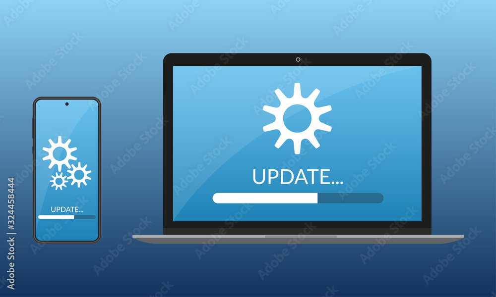 Fototapete update process design. laptop and smartphone or mobile phone with progress bar on the screen. update