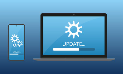 Update process design. Laptop and Smartphone or Mobile phone with progress bar on the screen. Update software or computer system concept. Vector illustration. 
