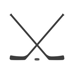 Ice hockey crossed sticks and puck icon Black silhouette isolated on white background. Sport equipment symbol. Vector illustration.