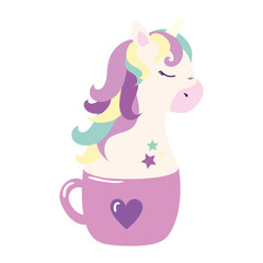 head of cute unicorn fantasy in cup ceramic vector illustration design