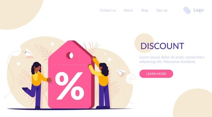 Discount label. Loyalty program. Demonstrating a large discount on a service or product. Girls get favorable terms. Landing web page template.