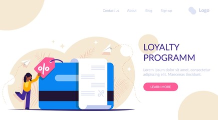 Customer loyalty program. Use a discount card to get a discount. Good buy. Check about payment for a product or service. Landing web page template.