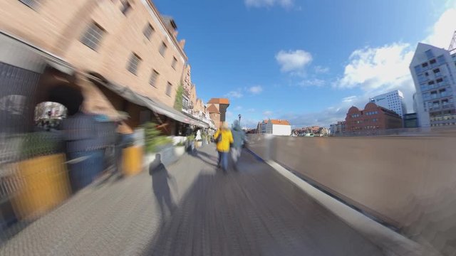 Hyper Lapse Walking Along Old Town Street with Tenement Houses in Gdansk Poland