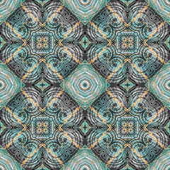Grunge textured lines vector seamless pattern. Geometric tapestry background. Repeat embroidery style grungy backdrop. Abstract hatched symmetrical ornament. Geometrical shapes, zigzag lines, flowers