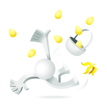Don&rsquo;t put all your eggs in one basket. Cute little white Simplified man step on a banana peel and slip.