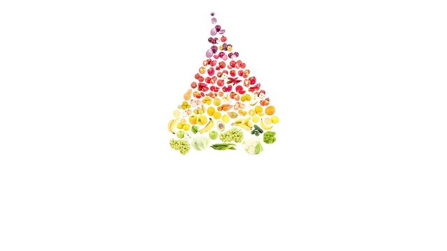 Rainbow made from different raw fruits and vegetables in the drop shape, isolated on white