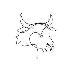 Continuous line art, hand drawn bull head.