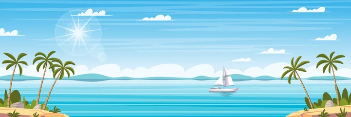 Stoff pro Meter Tropical coastal panorama landscape with palm trees and boat. Cartoon Vector Illustrations with separate layers. © GabiWolf