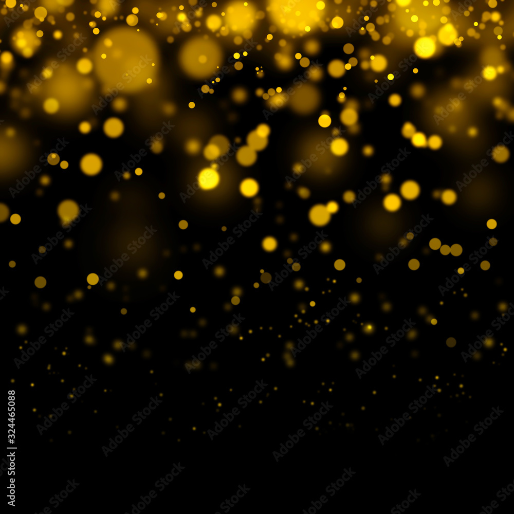 Poster golden light bokeh and abstract glittering on dark background. sparkling dust particles.