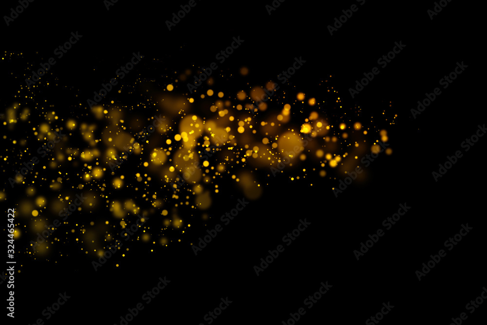 Poster golden light bokeh and abstract glittering on dark background. sparkling dust particles.