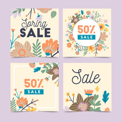 Set of spring flowers vector template for Instagram post, Stories, season sale, discounts, promotional, flyers and posters, apps, websites, printing material . Colorful and floral sale badges