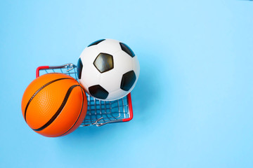 Miniature of a football and basketball in a mini-supermarket basket on a blue background. Physical development of the child. Development center. How much does health cost? Sports and money.