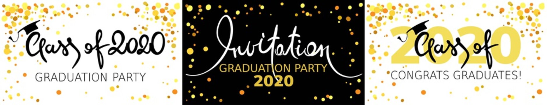 Graduate 2020. Vector illustration, card, invitation with gold confetti and calligraphic title.