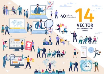 Financial Analyst, Company Head, Business Team Life Scenes and Work Situations, Office Meeting, Data Analysis, Digital Marketing Strategy, Project Deadline Concepts Trendy Flat Vector Illustration Set