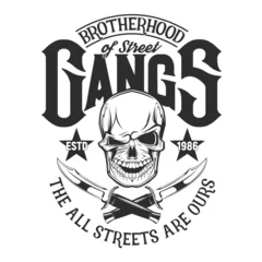 Foto op Plexiglas Winking skull with crossed knives t-shirt print. Vector head of dead gangster skeleton with daggers, stars and letterings, motorcycle or rock club apparel, urban fashion and biker clothes design © Vector Tradition
