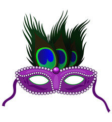 Carnival mask with peacock feathers isolated on a white background. Vector graphics.