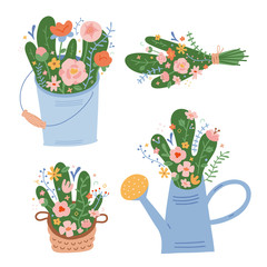 Spring flowers collected bouquets in watering can, bucket and wicker basket, cute hand drawn illustration, isolated wildflower compositions, clip arts for card, poster or invitation, garden flowers.