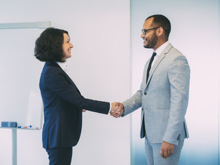 Cheerful female manager greeting male newcomer. Happy business man and woman shaking hands....