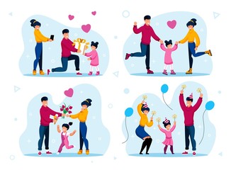 Family Happy and Positive Moments Memories Trendy Flat Vector Concepts Set. Parents Celebrating Little Daughters Birthday, Riding Roller-Skates, Spending Holiday Time Together Isolated Illustrations