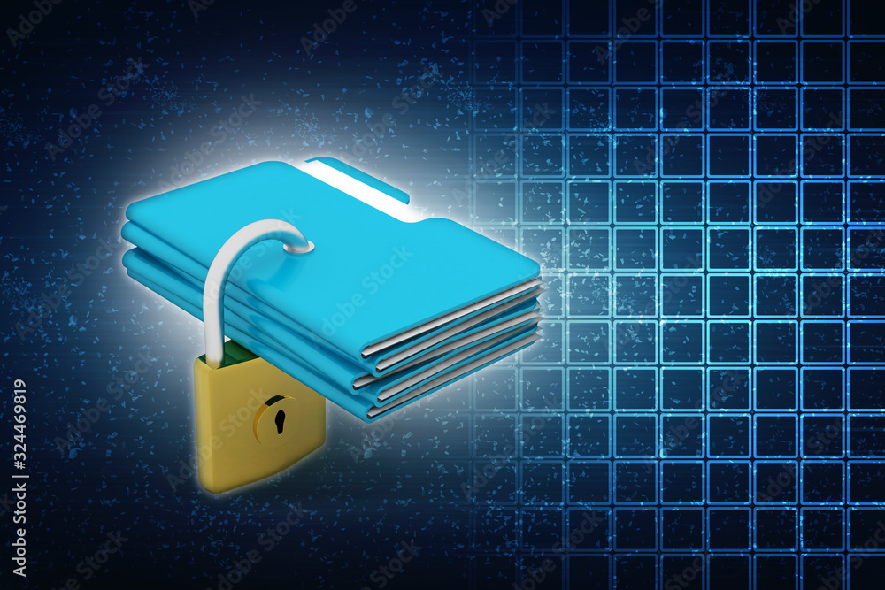 Poster yellow folder and lock. data security concept. 3d rendering